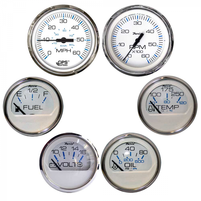 Faria_Chesapeake_White_w_Stainless_Steel_Bezel_Boxed_Set_of_6___Speed__Tach__Fuel_Level__Voltmeter__Water_Temperature__amp__Oil_PSI___Inboard_Motors